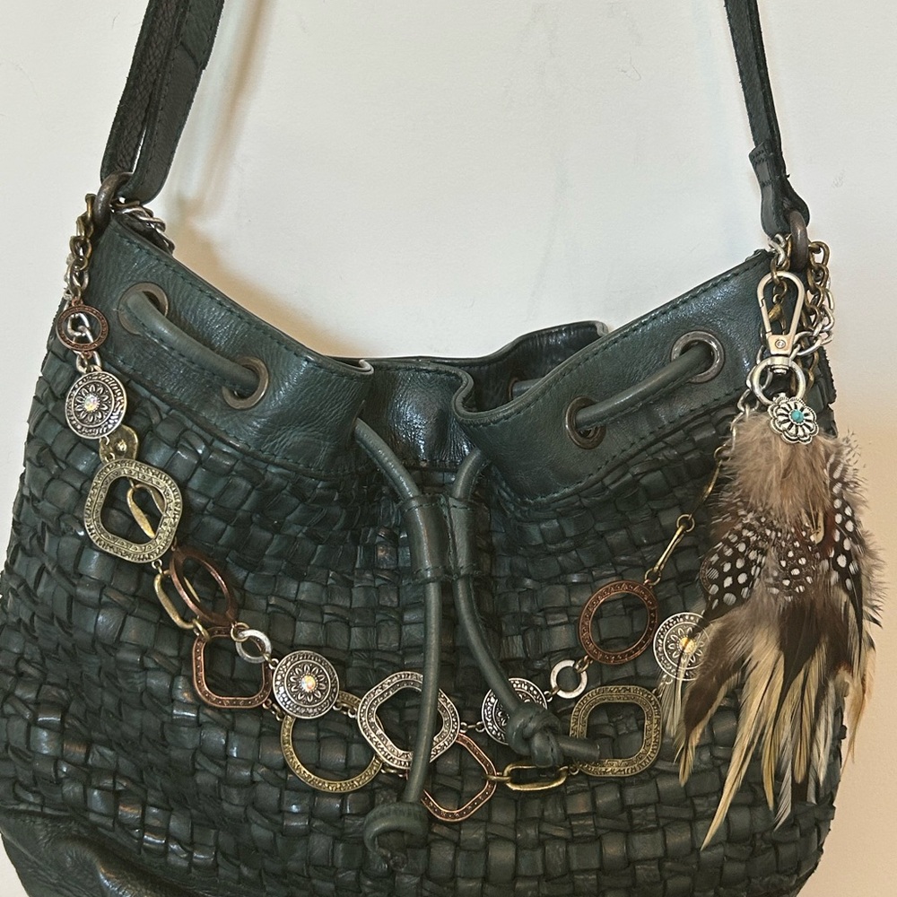 Woven Drawstring Satchel in Dark Green with Decorative Chain